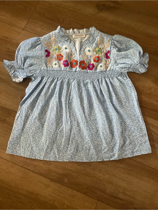 Angashion Tops - Angashion Light Blue and White Floral Embroidered Smocked Blouse Women’s Small
